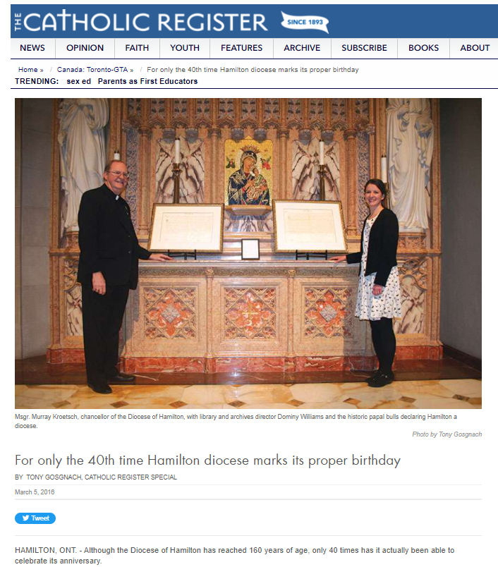 Screenshot of a March 5, 2016 news article from The Catholic Register titled, "For only the 40th time Hamilton diocese marks its proper birthday"