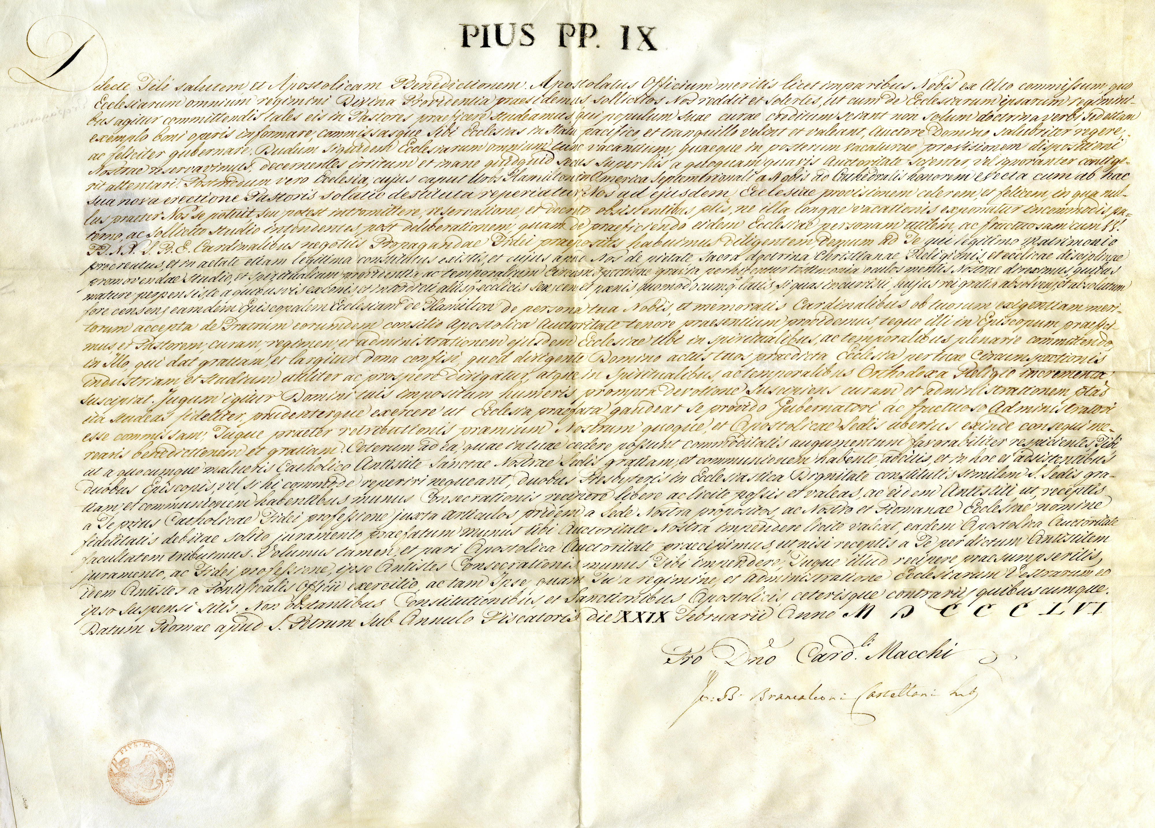 Photograph of the Papal Bull establishing Bishop John Farrell as the first Ordinary of the Diocese of Hamilton from 1856. This is a handwritten document written in cursive and including the seal of Pope Pius IX.