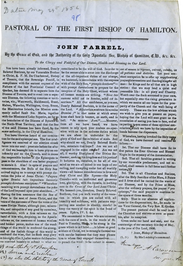Photograph of a Pastoral Letter, issued by Bishop John Farrell in May 1856. The letter is printed on blue paper.