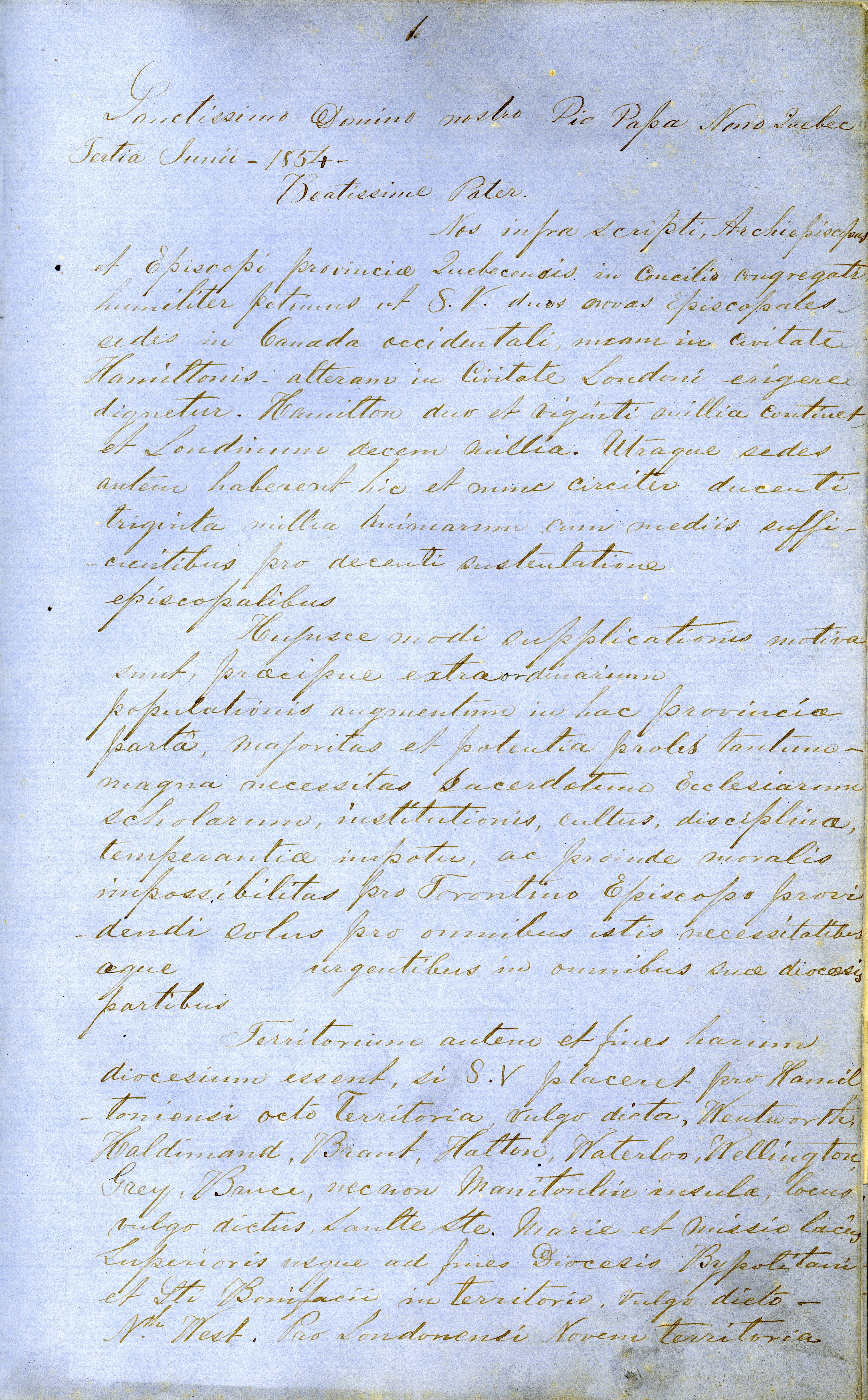 Photograph of the first page of a letter from the Bishops of Quebec to the Sacred Congregation for the Propagation of Faith in Rome, June 3, 1854 . The letter is hand written in cursive in Latin on blue paper.