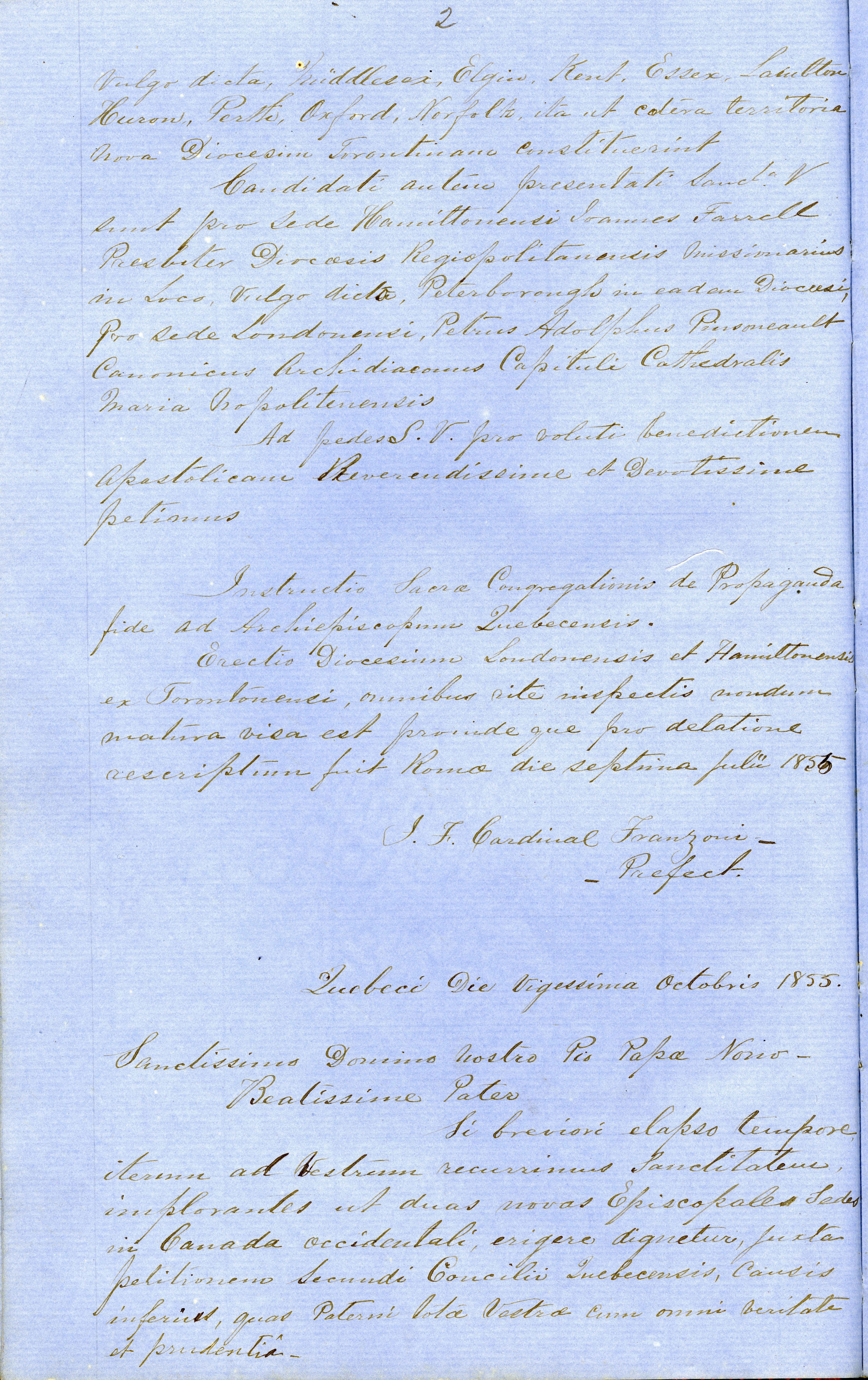 Photograph of the second page of a letter from the Bishops of Quebec to the Sacred Congregation for the Propagation of Faith in Rome, June 3, 1854 . The letter is hand written in cursive in Latin on blue paper.