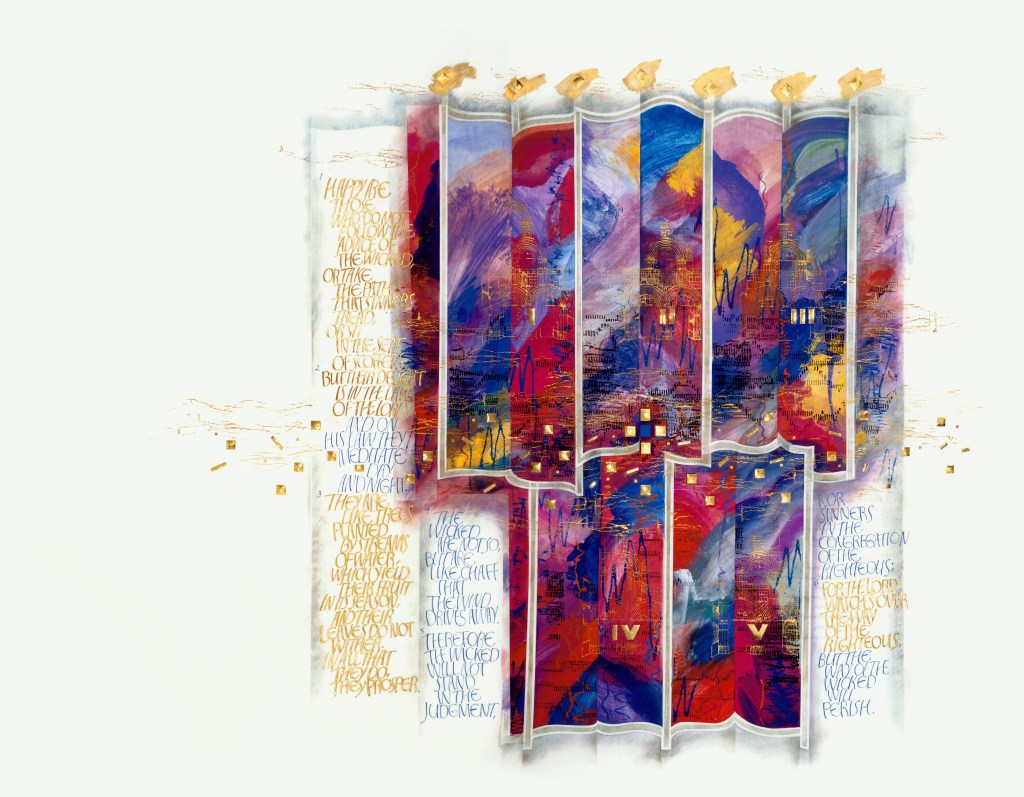 Image from The Saint John's Bible, taken from the Volume 3; Psalms Frontispiece. Abstract image in reds, blues, and gold containing the outline of a menorah with scriptural passages written alongside.